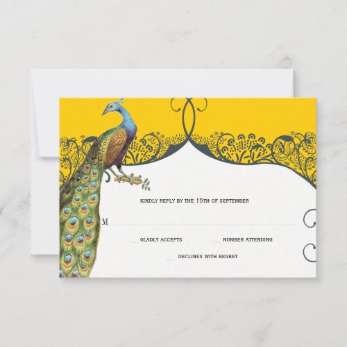 Navy and Mustard Peacock Love Bird Pattern Wedding RSVP Card