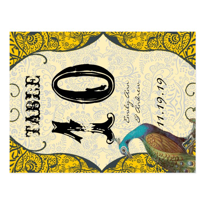 Navy and Mustard Peacock Love Bird Table Number Post Card