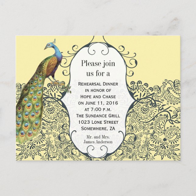 Navy and Mustard Yellow Peacock Rehearsal Dinner Invitation Postcard (Front)