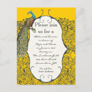 Navy and Mustard Yellow Peacock Rehearsal Dinner Postcard