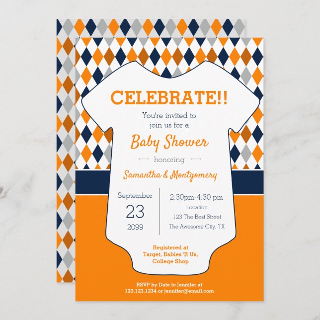Navy and Orange Argyle Patterned Baby Shower Invitation (Front/Back)