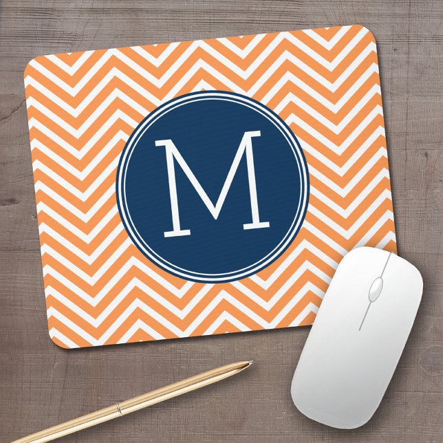 Navy and Orange Chevrons with Custom Monogram Mouse Pad (Personalized mouse pad with your monogram)