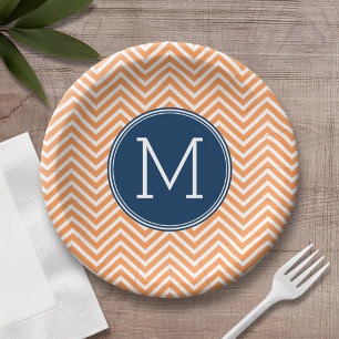 Navy and Orange Chevrons with Custom Monogram Paper Plates