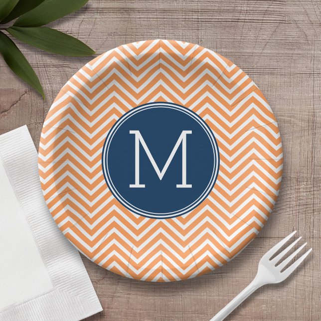 Navy and Orange Chevrons with Custom Monogram Paper Plates (Personalized birthday plate with monogram)