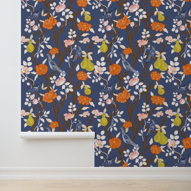 Navy and Orange Chinoiserie Birds Wallpaper (Application)