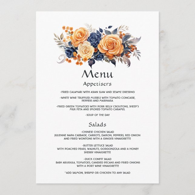 Navy and Orange Floral Wedding Guest Details Menu (Front)