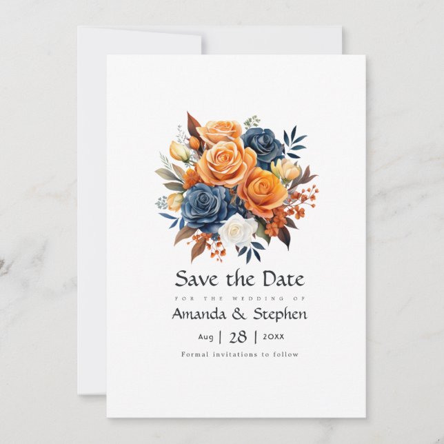 Navy and Orange Floral Wedding Save The Date (Front)