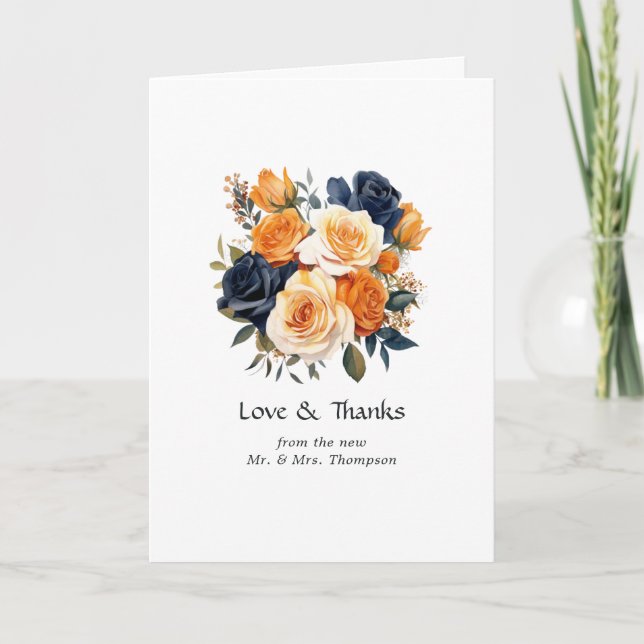 Navy and Orange Floral Wedding Thank You Card (Front)