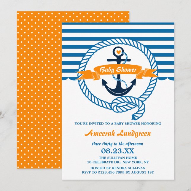 Navy and Orange Nautical Baby Shower Invitation (Front/Back)