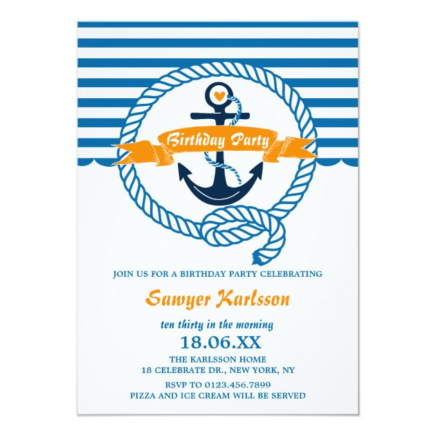 Navy And Orange Nautical Kids Birthday Party Invitation