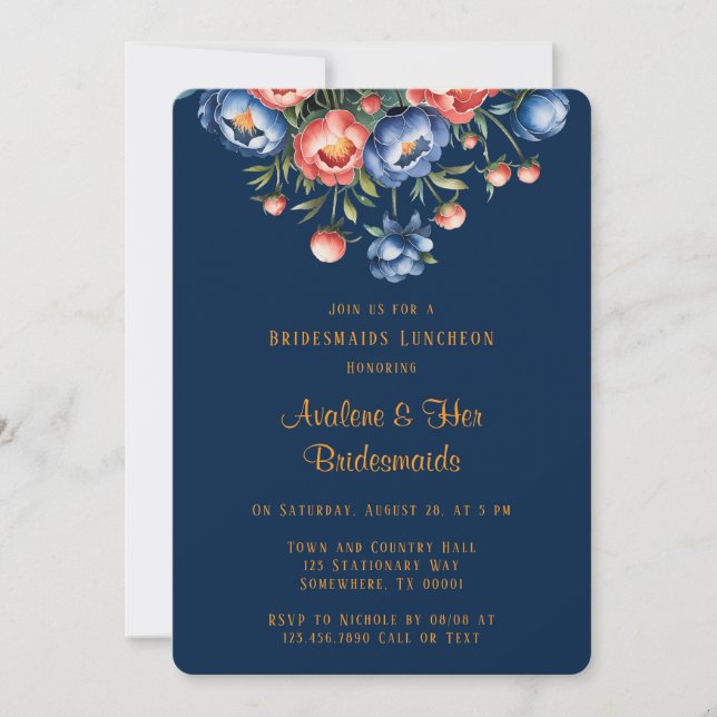 Navy and Orange Peony Bridesmaids Luncheon Invitation (Front)