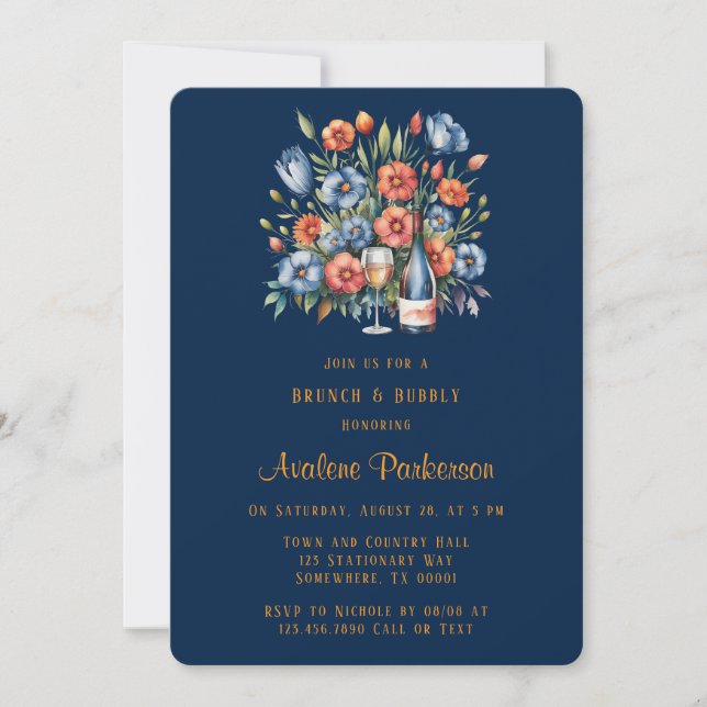 Navy and Orange Peony Brunch & Bubbly Invitation (Front)