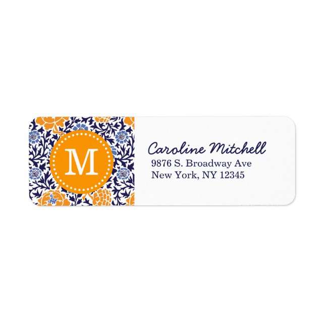 Navy and Orange Retro Floral Damask Monogram Label (Front)