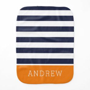Navy and Orange Stripes Monogram | Editable Colors Baby Burp Cloth