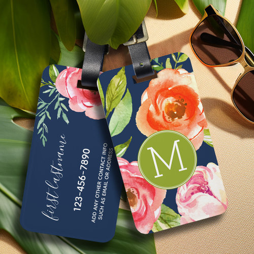 Navy and Painted Watercolor Flowers Monogram Luggage Tag