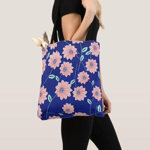 Navy and Pastel Pink_Red Floral Pattern Tote Bag