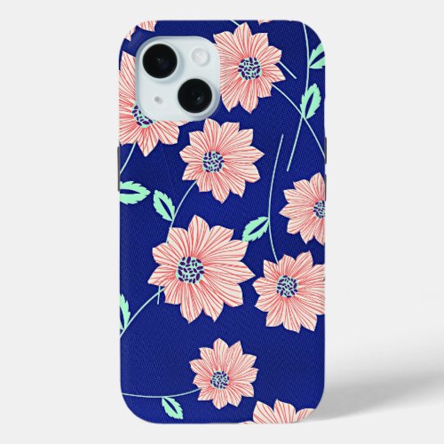 Navy and Pastel Pinkish_Red Floral Pattern iPhone 15 Case