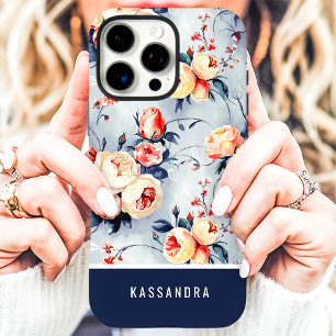 Navy and Peach Custom Name Floral iPhone 16 Pro Max Case