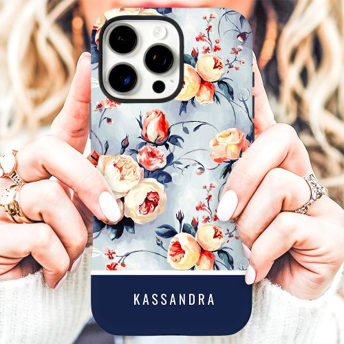 Navy And Peach Custom Name Floral Iphone 16 Pro Max Case