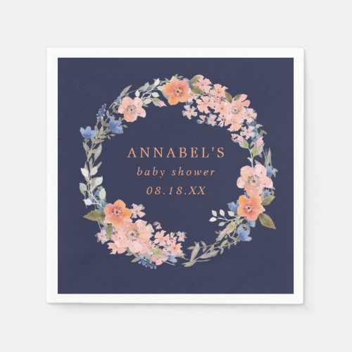 Navy and Peach Floral Wreath Baby Shower Napkins