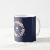 Navy and Peach Floral Wreath Monogram Mug (Front Right)