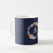 Navy and Peach Floral Wreath Monogram Mug (Front Left)