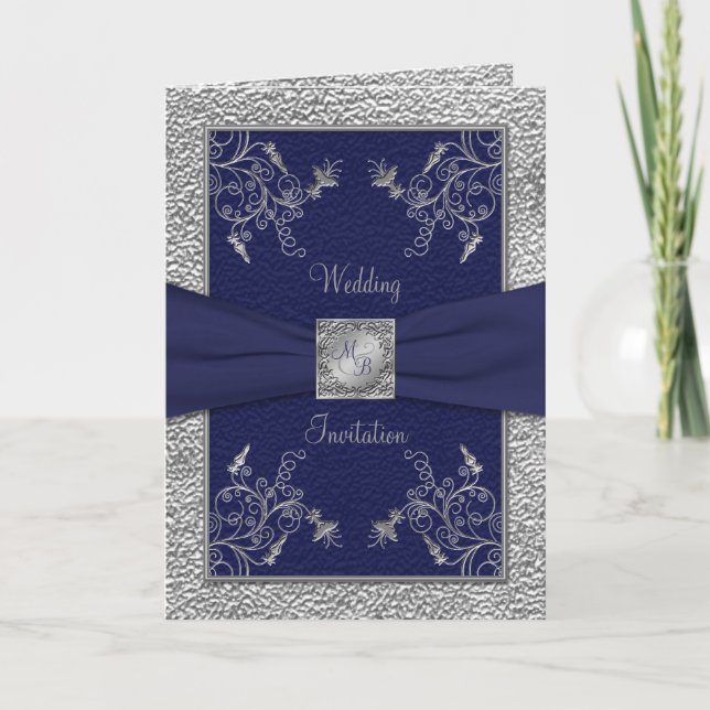 Navy and Pewter Card Style Wedding Invitation (Front)