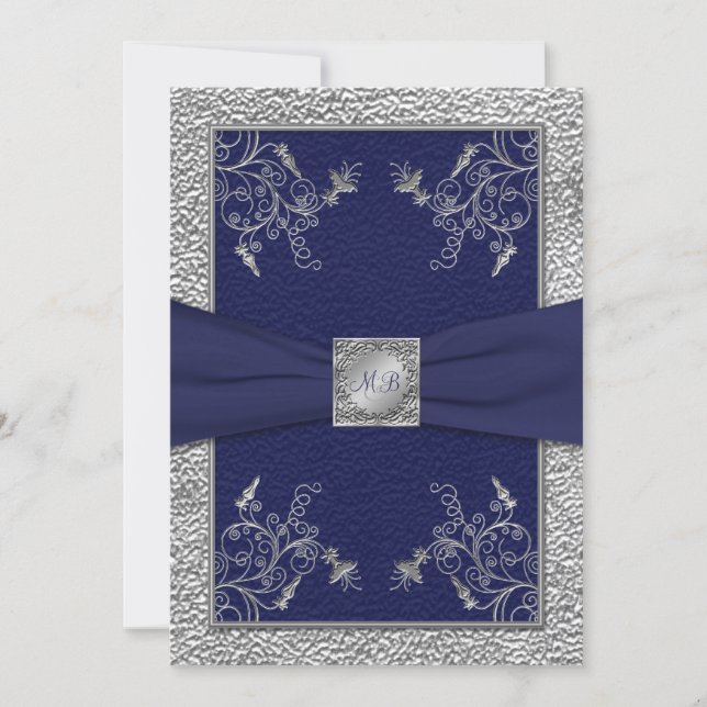Navy and Pewter Monogrammed Wedding Invitation (Front)