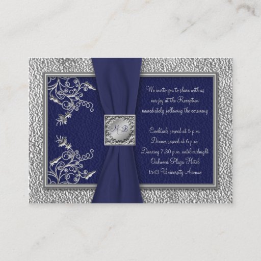 Customizable Navy and Pewter Reception Card Business Card Template