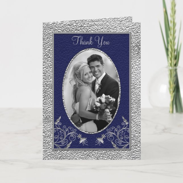 Navy and Pewter Thank You Card with Photo (Front)