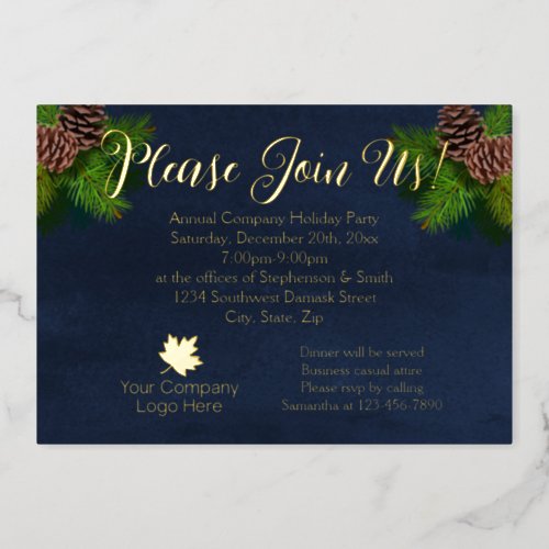 Navy and Pine Modern Gold Script Holiday Party