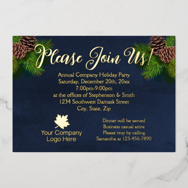 Navy and Pine Modern Gold Script Holiday Party (Front)