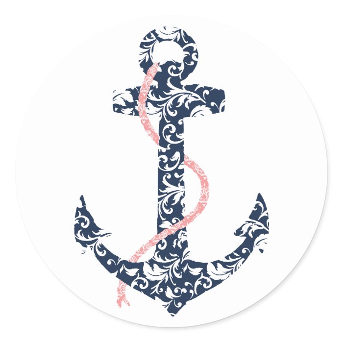 Navy and Pink Anchor Beach Wedding Round Stickers