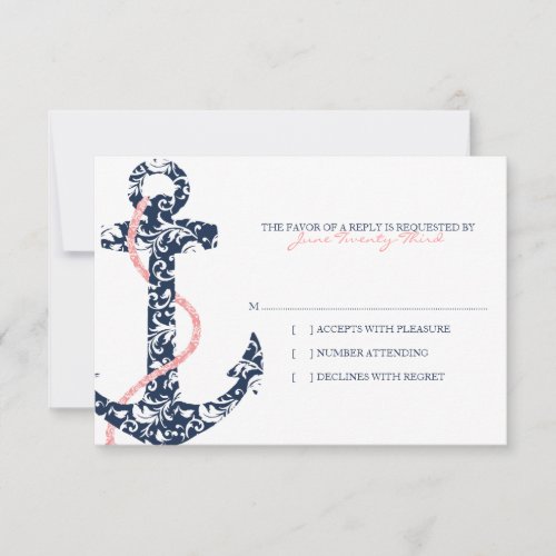 Navy and Pink Anchor Beach Wedding rsvp