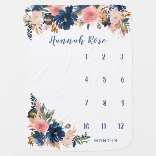 Navy and Pink Blush Floral Baby Girl Milestone Baby Blanket