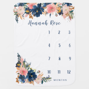 Navy and Pink Blush Floral Baby Girl Milestone Blanket