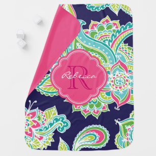 Navy and Pink Boho Paisley Baby Name Monogram Receiving Blanket