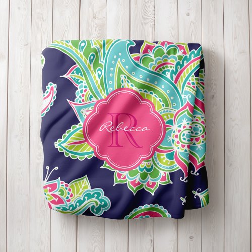 Navy and Pink Boho Paisley Monogrammed Fleece Blanket