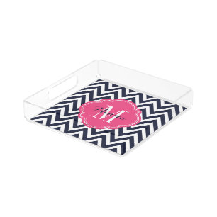 Navy and Pink Chevron Monogram Acrylic Tray
