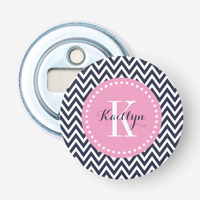 Navy and Pink Chevron Monogram Bottle Opener (Front)