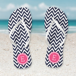 Navy and Pink Chevron Monogram Flip Flops