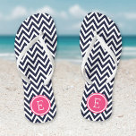 Navy and Pink Chevron Monogram Flip Flops<br><div class="desc">Custom printed flip flop sandals with a stylish modern chevron pattern and your custom monogram or other text in a circle frame. Click Customize It to change text fonts and colors or add your own images to create a unique one of a kind design!</div>