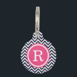Navy and Pink Chevron Monogram Pet Tag<br><div class="desc">Cute girly preppy zigzag chevron stripes pattern personalized with your pet's monogram name or initial in a chic circle frame. Back features coordinating colors and space to add your pet's name and emergency contact info. Click Customize It to change fonts and colors or add your own photos and text for...</div>
