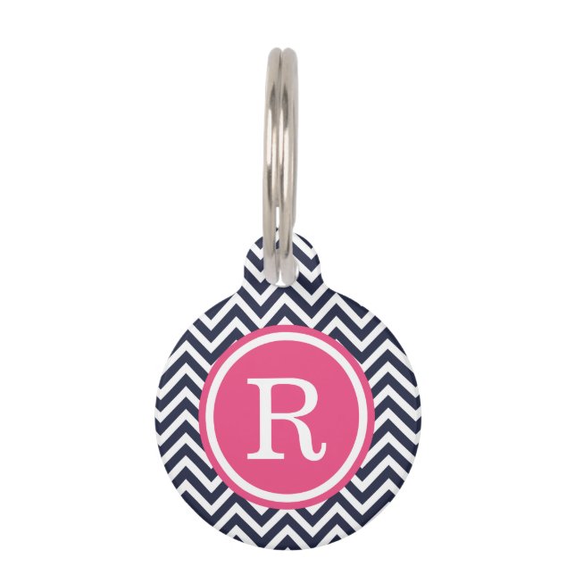 Navy and Pink Chevron Monogram Pet Tag (Front)