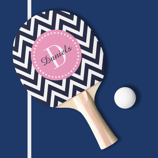 Navy and Pink Chevron Monogram Ping-Pong Paddle (Creator Uploaded)