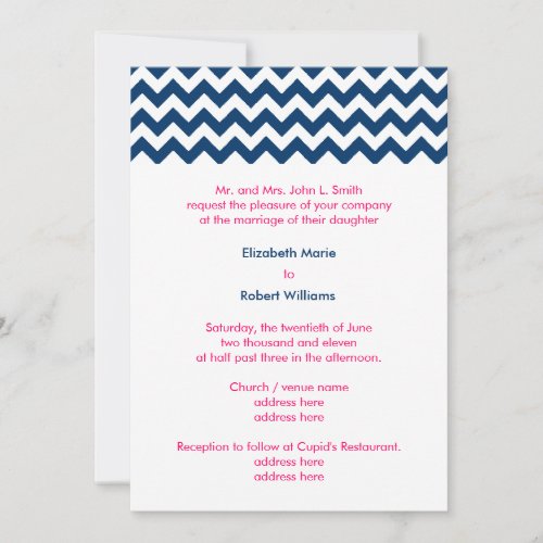 Navy and Pink Chevron Wedding Invitation