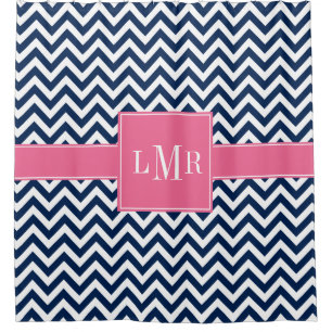 Navy and Pink Chevrons Monogram Shower Curtain