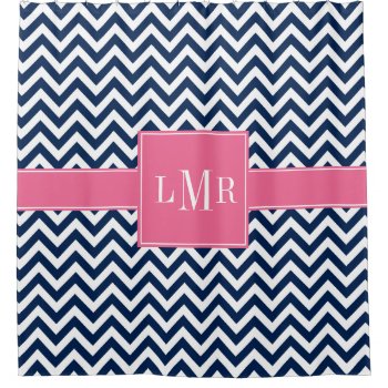 Navy And Pink Chevrons Monogram Shower Curtain by heartlockedhome at Zazzle