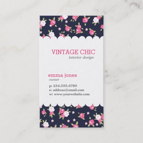 Navy and Pink Chic Vintage Floral Print Business Card