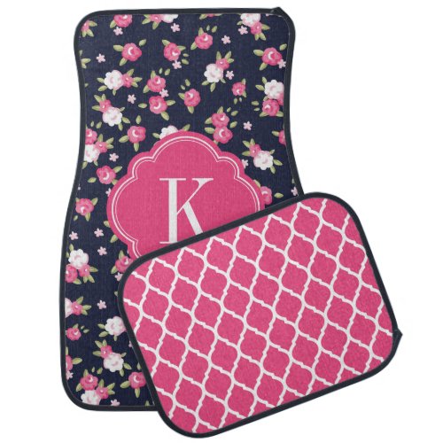 Navy and Pink Chic Vintage Floral Print Monogram Car Mat